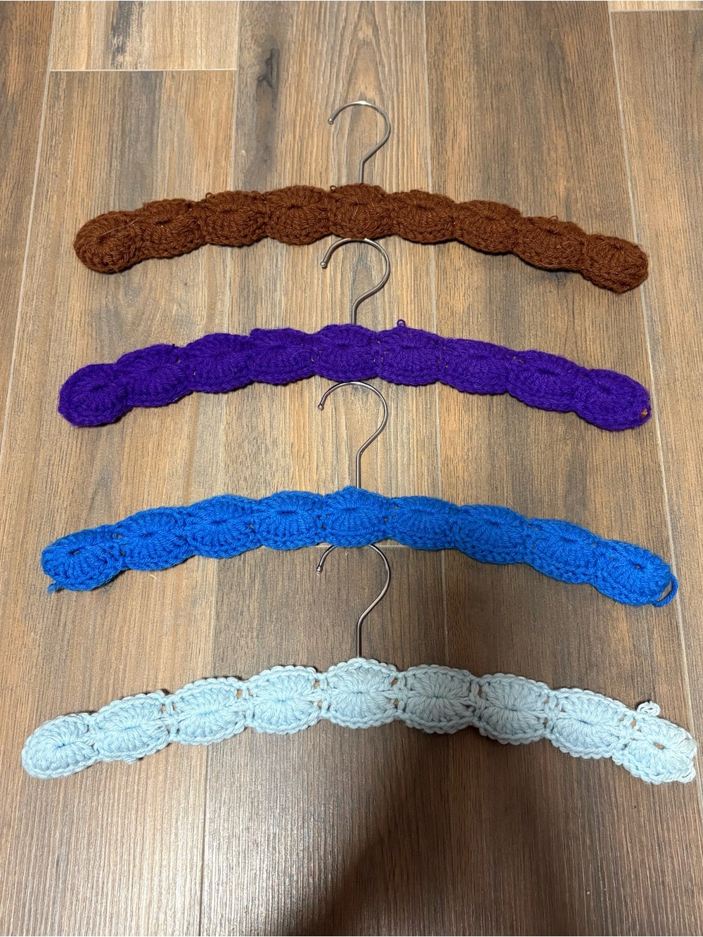 Hand Made Crochet Clothes Hangers Yarn Covered Wooden Lot of 4 Multicolor